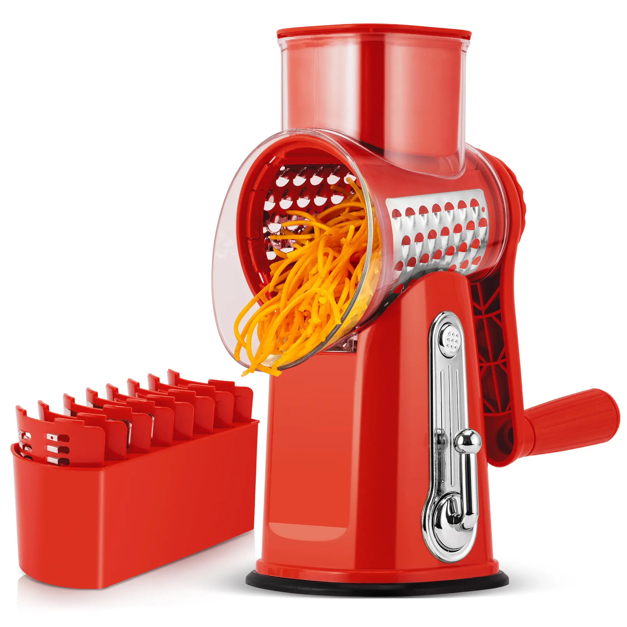 SUSTEAS Rotary Food Cheese Grater with Handle, 5 Blades and Strong Suction Cup Base, Comes with 1 Blade Storage Box Kitchen Utensils Red Durable Vegetable Slicer Vegetable Cutting Slicer Vegetable Cutter summerwins