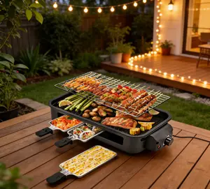 SUSTEAS 1500W yellow electric grill—smokeless indoor cooking with non-stick plate,3 raclette pans & dishwasher-safe parts. Great for steaks, hot dogs Burger, Eggs, & more! Portable Outdoor Griddle.Nonstick Extra Large Cooking Surface！