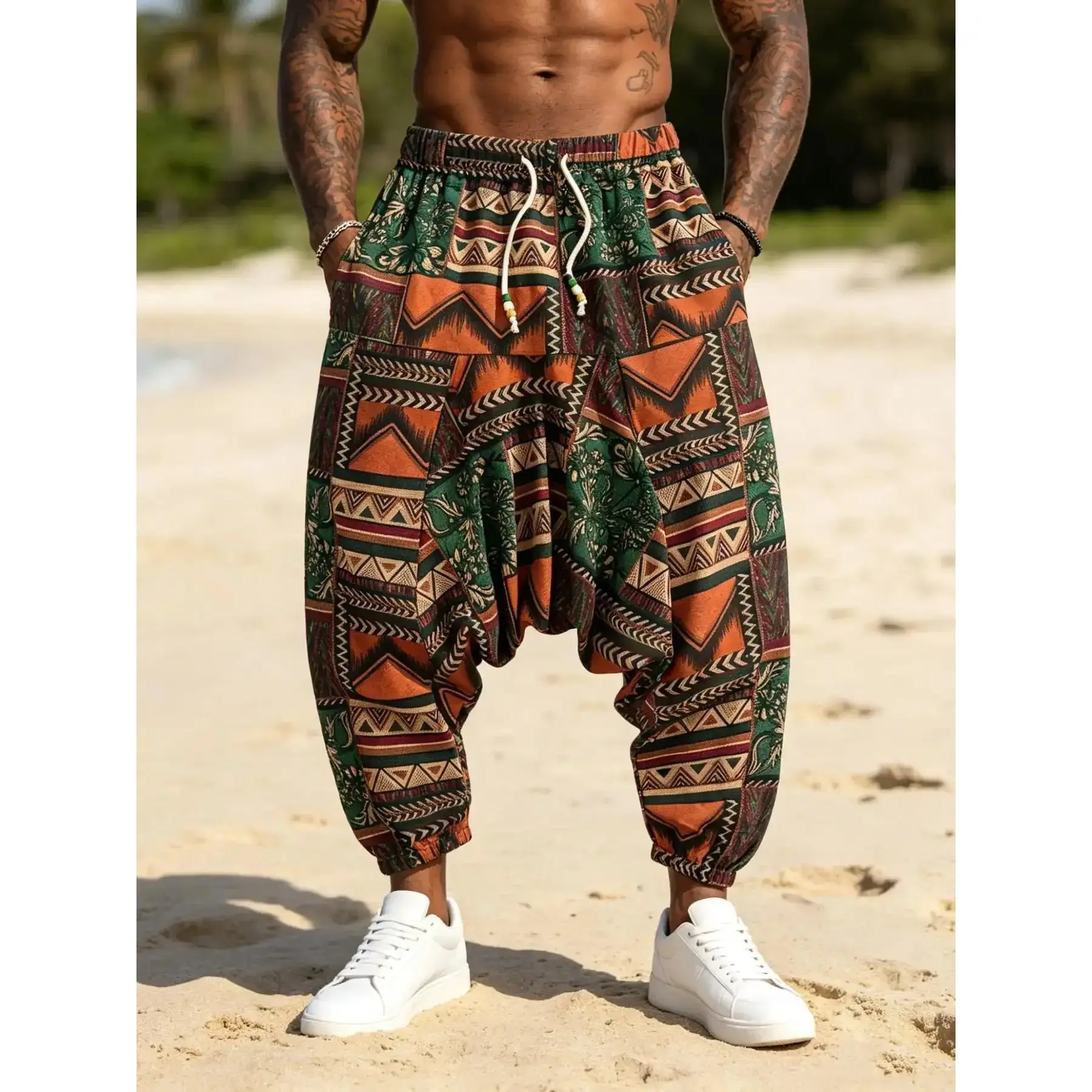 Men's Aztec Print Harem Pants, Elastic Waist Baggy Casual Trousers, Ideal for Beach Vacation, Streetwear & Yoga, Bohemian Boho everyday wear lightweight on trend bottoms bodycon street style