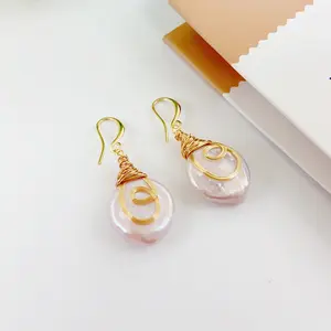 Wire-Wrapped Baroque Natural freshwater Pearl Drop Earrings