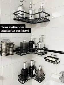 5-Count Hollow Stainless Steel Wall-Mount Bathroom Shower Shelf Set, Self-Adhesive Round Rustproof Transparent Caddy, Easy-Installation Organizer for Bathroom Supplies