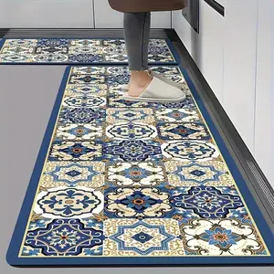 Boho Style Geometric Pattern Kitchen Mat, 2 Counts/set Non-slip Washable Kitchen Runner Rug, Decorative Carpet for Home Living Room Bedroom Kitchen, Boho Rugs