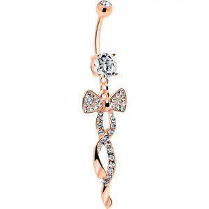 Clear CZ Gem Rose Gold Tone Bow Bliss Ribbon Dangle Belly Ring
