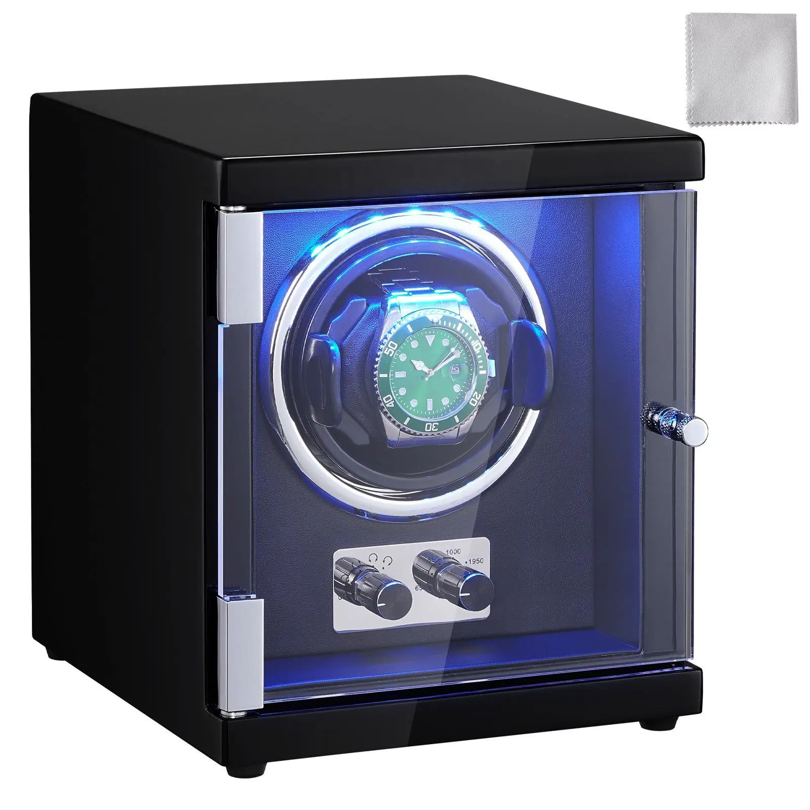 VEVOR Watch Winder,  , Single Watch Winder for Men's and Women's Automatic Watch, with Super Quiet Japanese Mabuchi Motor, Blue LED Light and Adapter, High-Density Board Shell and Black PU#BackToSchool