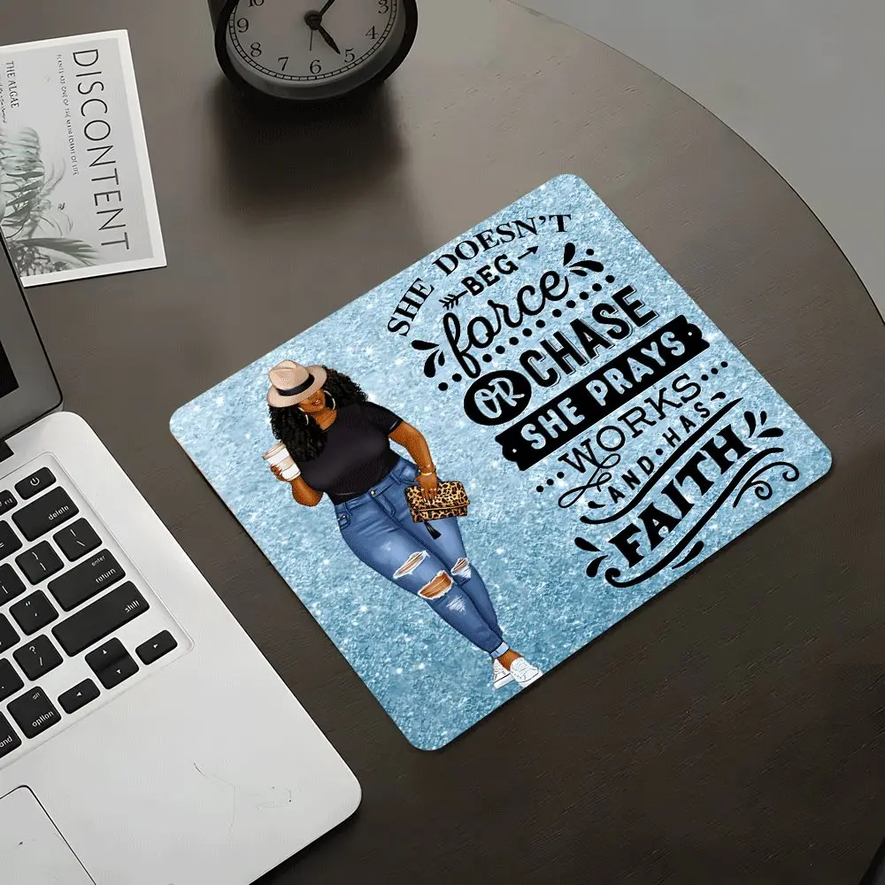 Fashion Girl Inspirational Quote Square Gaming Mouse Pad for Black Women, Non slip mousepad, desktop decorative pad, rubber anti-slip lockedge pad, washable small size, great gift