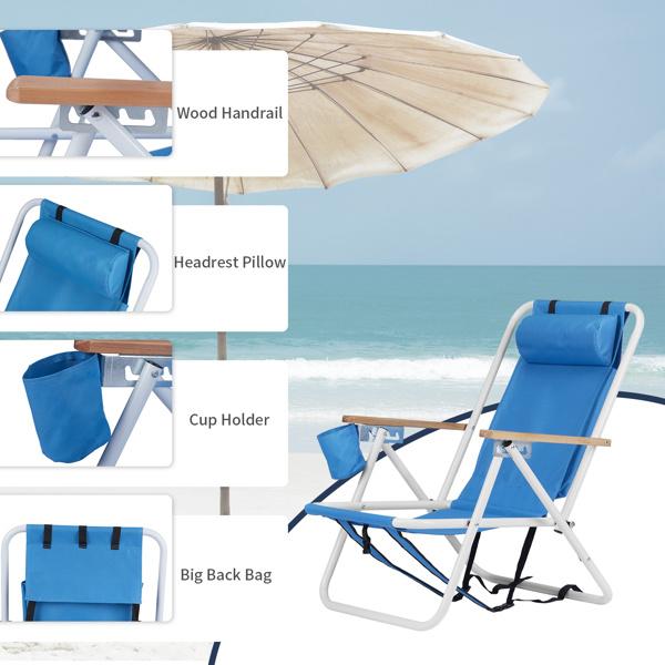 Folding Beach Chair Set of 2 for Adults 4 Position Portable Backpack Foldable Camping Chair with Headrest Cup Holder and Wooden Armrests Blue