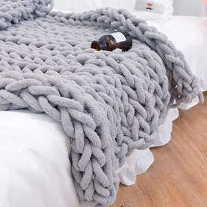 No brand Gray Chunky Knit Blanket Throw - Hand-Knitted Chenille, Thick Cable Knit, Breathable Fleece - 40"L x 40"W