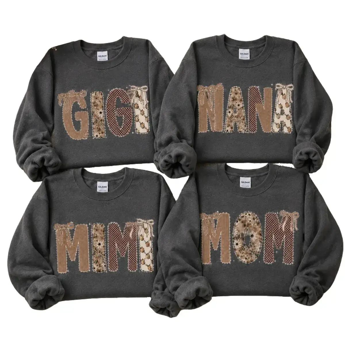 Custom Gigi Nana Mimi Mom Sweatshirt, Patchwork Bow Family Crewneck, Coquette Charcoal Shirt, Personalized Grandma Mama Gift for Women, Cute Fall Floral Family Sweatshirt - TrendWear USA