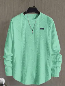 Men's Casual Jacquard Knit Long Sleeve T-Shirt, Comfortable and Stylish, Perfect for Daily Wear, All Seasons, Knitwear