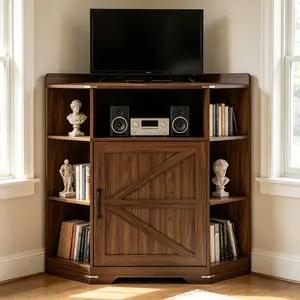 Industrial 6-Cubby Wooden Corner Cabinet - Corner Storage Shelf with USB Ports and Outlets, Small Space Organizer for Study, Living Room