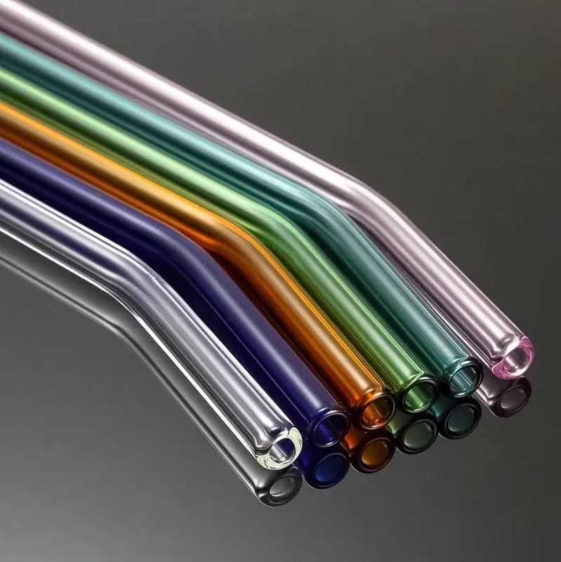 Reusable Transparent Glass Straws - Eco-Friendly Kitchenware Drink Accessories, Home Bar Utensils, Multicolor(8 Straws+2 Brushes) for Cocktails, 8" Long, Shatterproof