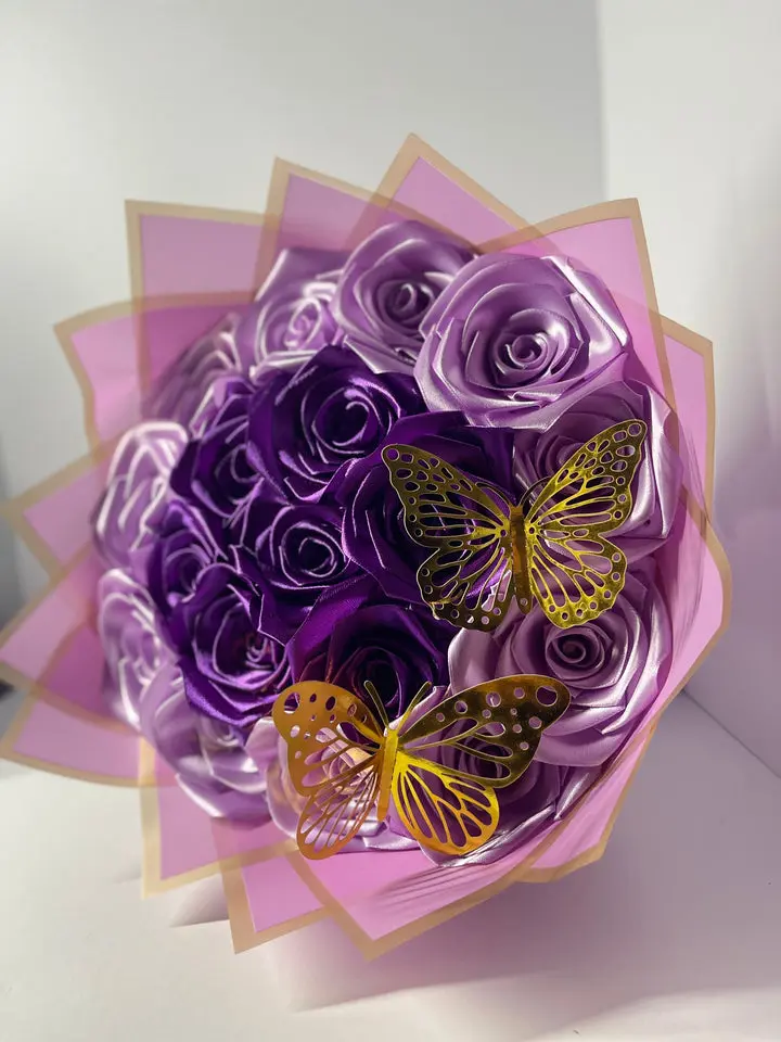 Handcrafted Satin Ribbon Rose Bouquet - Royal Black and Red Design with Golden Crown, 14 in Decorative Home & Festive Party Decor, Anniversary Gift for Special Occasions