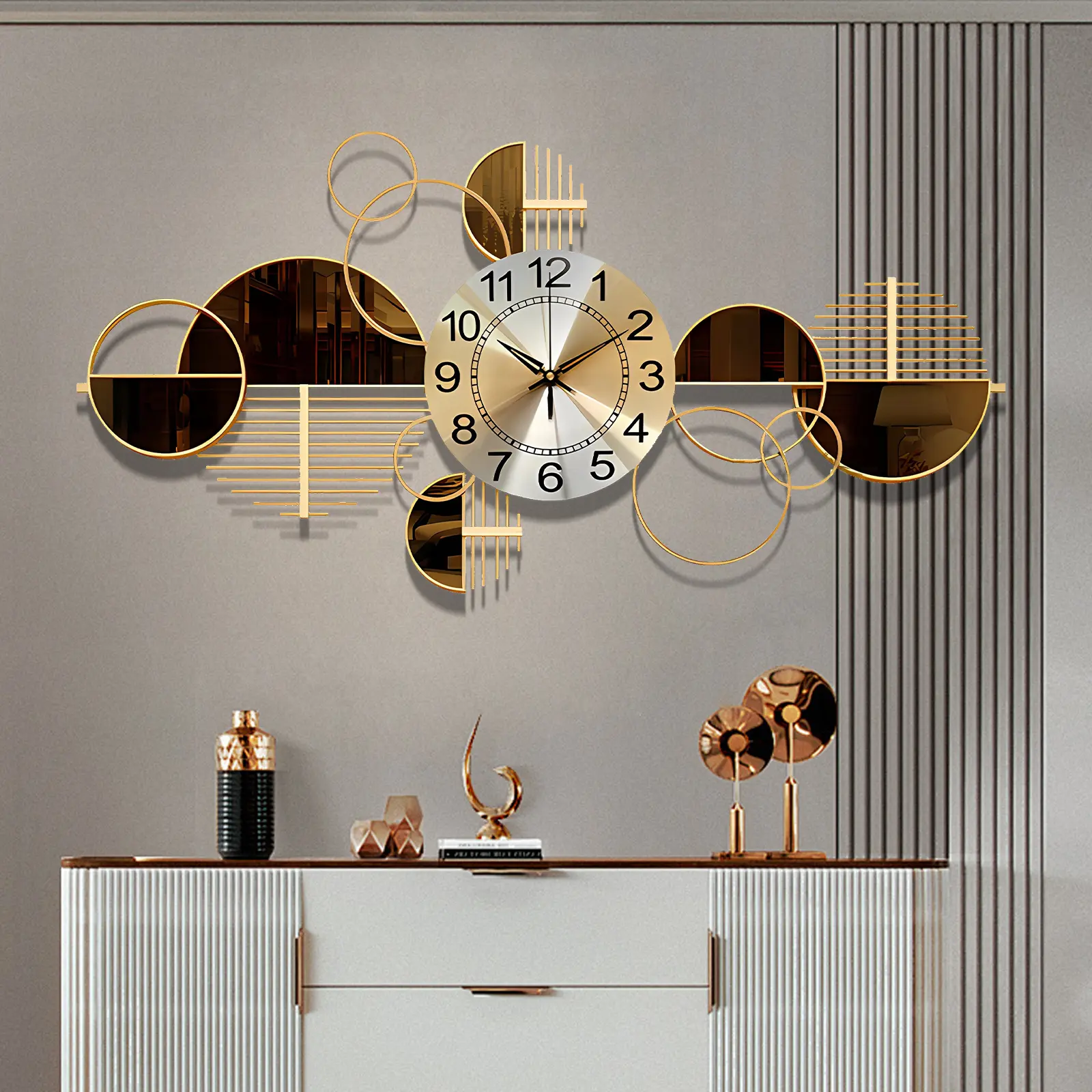 Large Metal Wall Clock Decorative 3D Metal Wall Art Clock for Living Room Bedroom Creative Modern Big Wall Clock Decor with Silent No-Ticking 34 X 17.7 inch