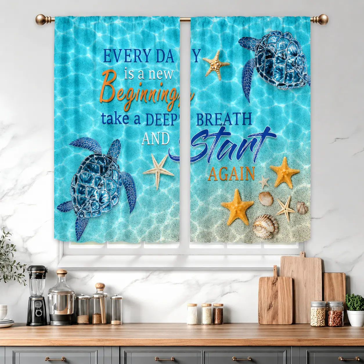 04-Sea Turtle Nautical Curtains (2 Panels, 27.5 x 39 in) - Wrinkle Resistant, Fade Resistant, Blue Ocean Starfish Seashells Inspirational Quotes Print, Machine Washable Window Treatments for Kids Bedroom, Kitchen