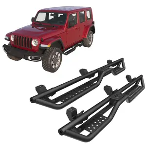 Running Boards Compatible with 2007-2018 Jeep Wrangler JK 4-Door / 2018-2026 Jeep Wrangler JL 4-Door, 2-Stairs Side Step Rails, Bolt-on Heavy-Duty Coated Black Carbon Steel Nerf Bars