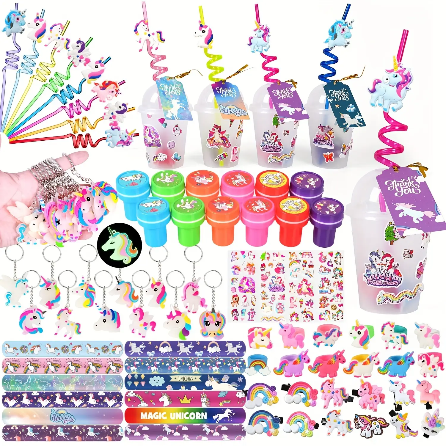 Unicorn Party Favors Unicorn Birthday Party Supplies Include Cups Gift Tags Reusable Straws Stampers Keychains Slap Bracelets Hair Clips etc Goody Bags Party Games and Activities