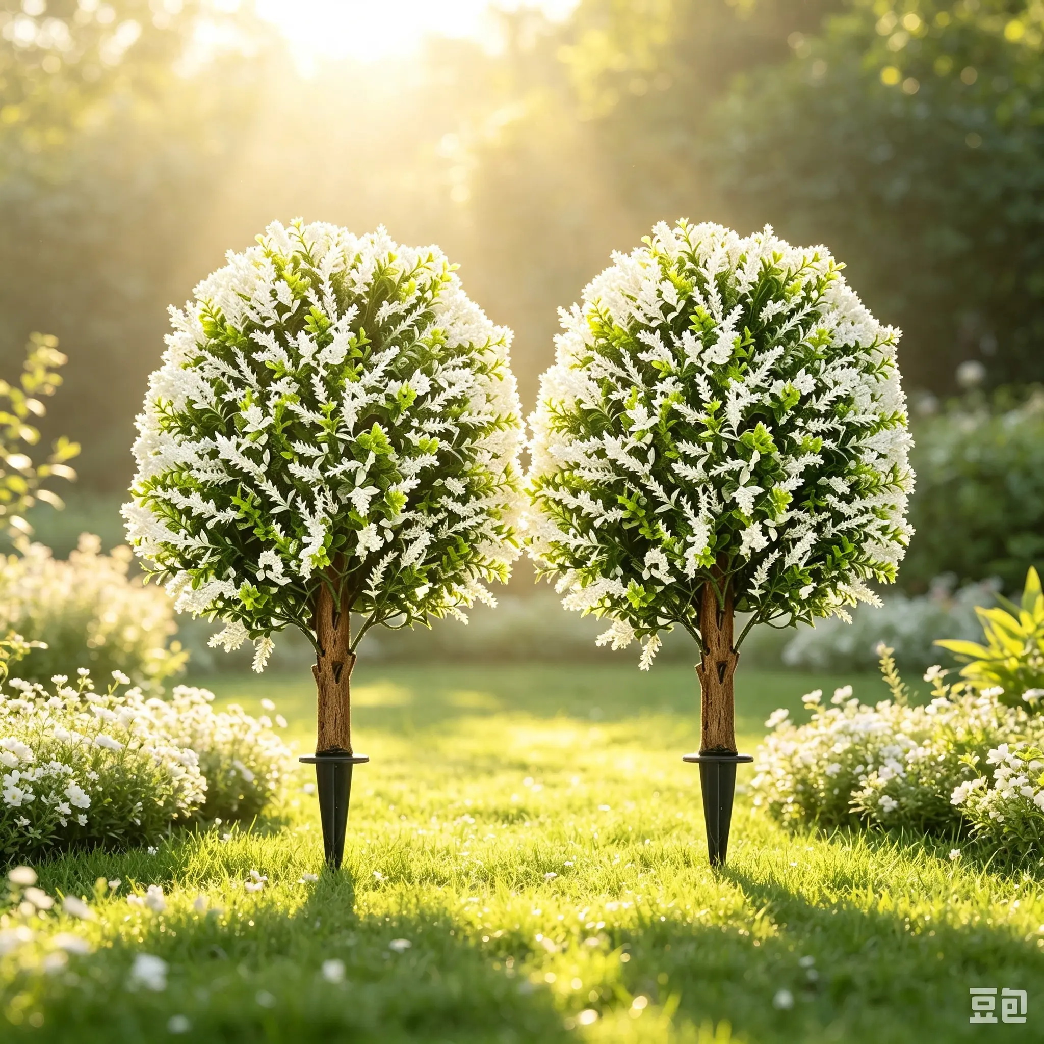 24 in Artificial Topiary Boxwood Ball Trees with Lavender (White) - 2-Piece Set Decor Ornaments, UV Resistant Shrubs with Ground Spike for Front Porch Garden Outdoor Decor, Indoor Fake Plants with Ground Spike