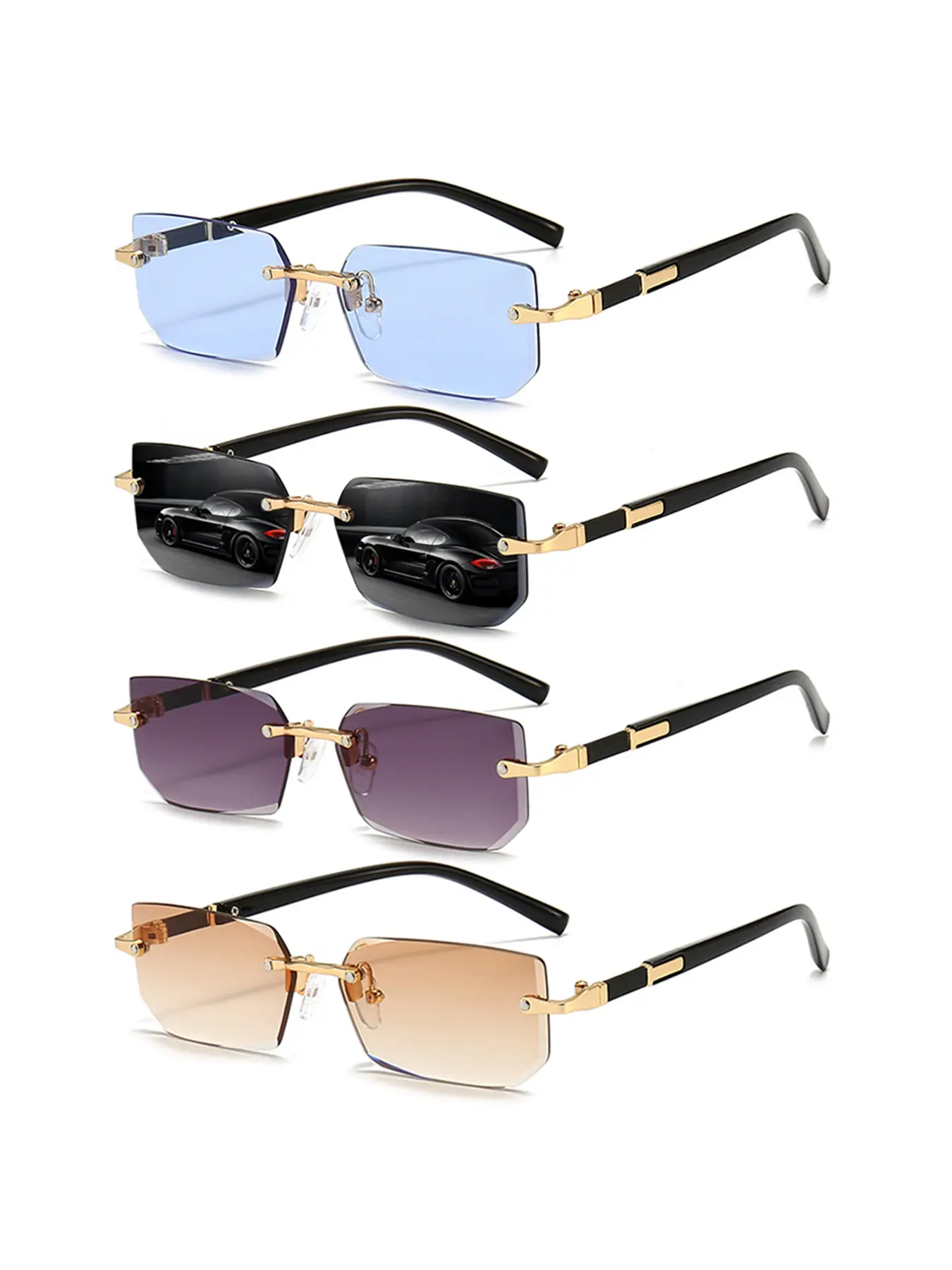 4pcs frameless busines rectangular gradient lense,Tinted Lens Lightweight Durable Sunglasses,lightweight polycarbonate frame,multi-color selection,metal temples increase durability,suitable for fishing and various outdoor activities