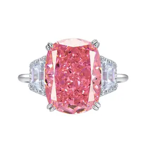Luxury Cushion Cut Pink Simulation Diamond Engagement Ring with Side White Stones, 925 Sterling Silver, Elegant Wedding Proposal Jewelry for Women, Statement Ring