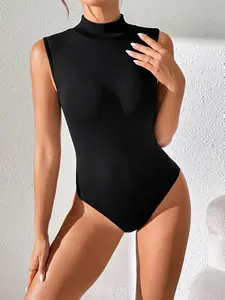 Sporty Women's Fitted Button Mock Neck Sports Bodysuit, Sport Plain Stretchy Sleeveless Tank Bodysuit, Ladies Sportswear for All Seasons, Yoga Bodysuit