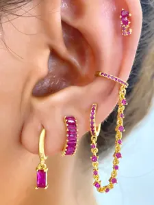 4Pcs Lovely 24K Gold Plated Cubic Zirconia Stud Earrings Set For Women Red Zircon Chain Hoop Earrings Pack Drop Dangle Earrings Stack Earring Stacking Set
