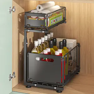 MiAoli 2-Tier Metal Under Sink Organizer Pull Out Storage Shelf for Kitchen and Bathroom Cabinet, Kitchen Sink Accessories Utility Racks Black.