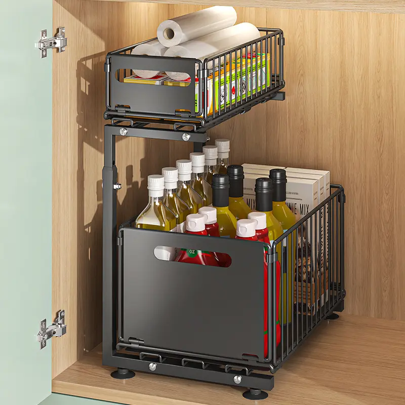 MiAoli 2-Layer Expandable Metal Pull Out Under Sink Storage Organization, Black Utility Rack for Kitchen & Bathroom Cabinets, Sink Accessories (Organizer Storage, Bathroom Organizer)