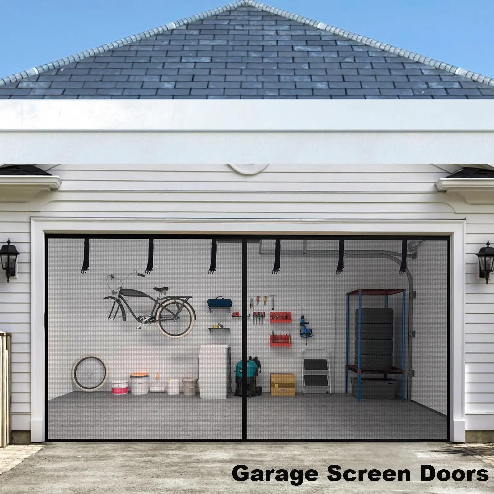 Garage Screen Doors for 2 car garage, Durable Heavy Duty Magnetic Garage Door Screen,Hands-Free with 6 Roll Up Straps for Patio, Outdoor, Gym, Sun House Porch, Black