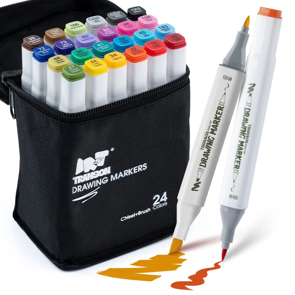 TRANSON Alcohol Markers for Drawing Coloring 24 Colors Dual-tip Brush and Chisel Tips