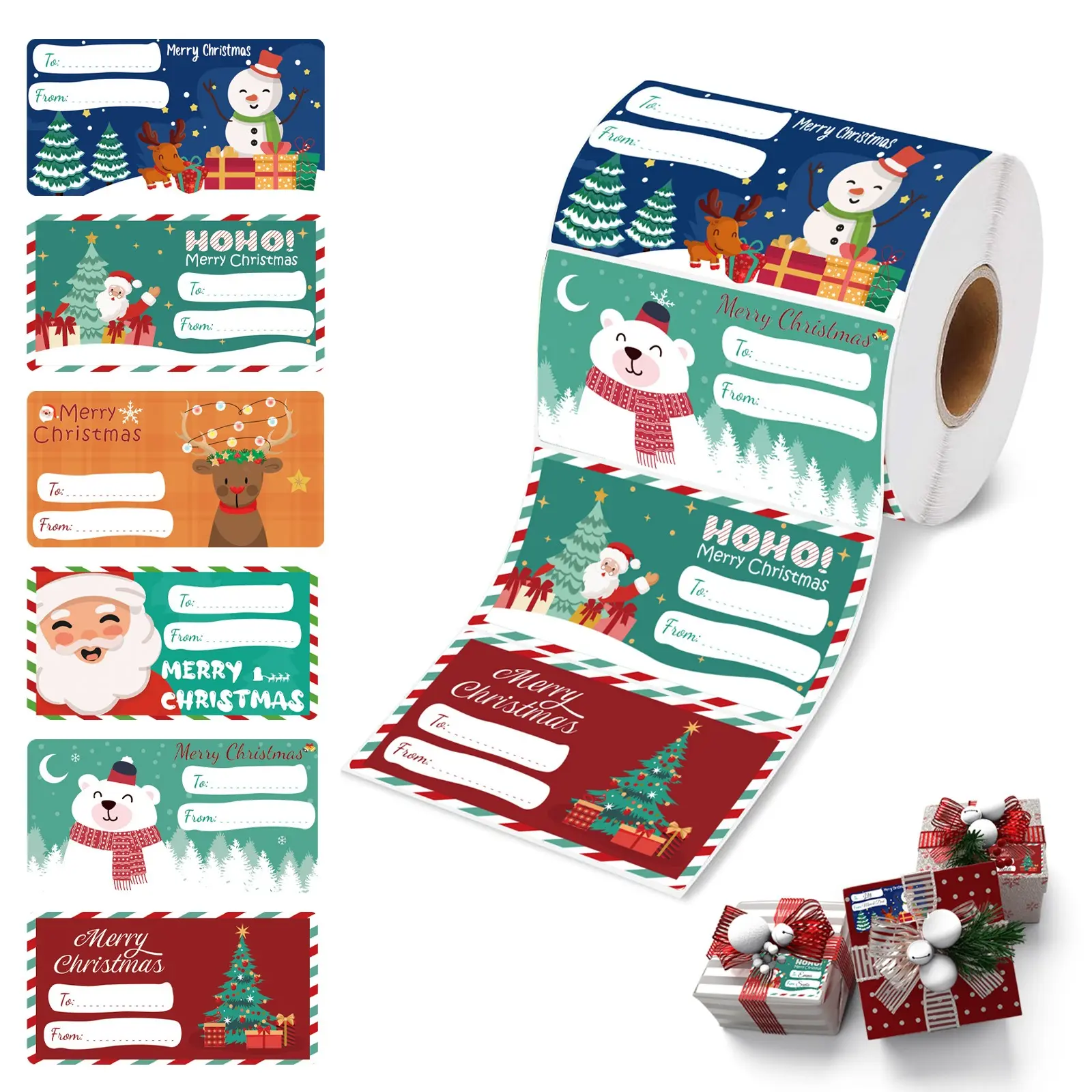 Merralta Durable Quality 500 PCS Paper Christmas Gift Tags, Self-Adhesive Office Stationery Labels with Exclusive Writable 2.95x1.6in Festive Designs for Family, Coworkers, Decorations