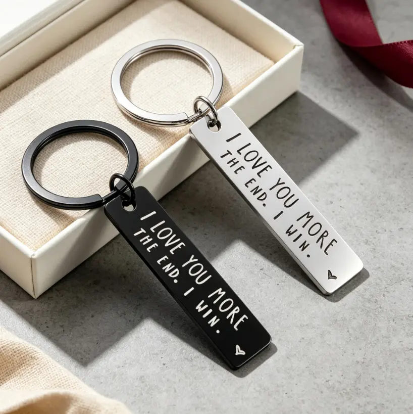 “I Love You More – The End – I Win” Keychain, Stainless Steel Long Bar Pendant Key Ring for Car Keys and Bags, Sentimental Gift for Couples, Family, Men and Women, Valentine’s Day Birthday Gift