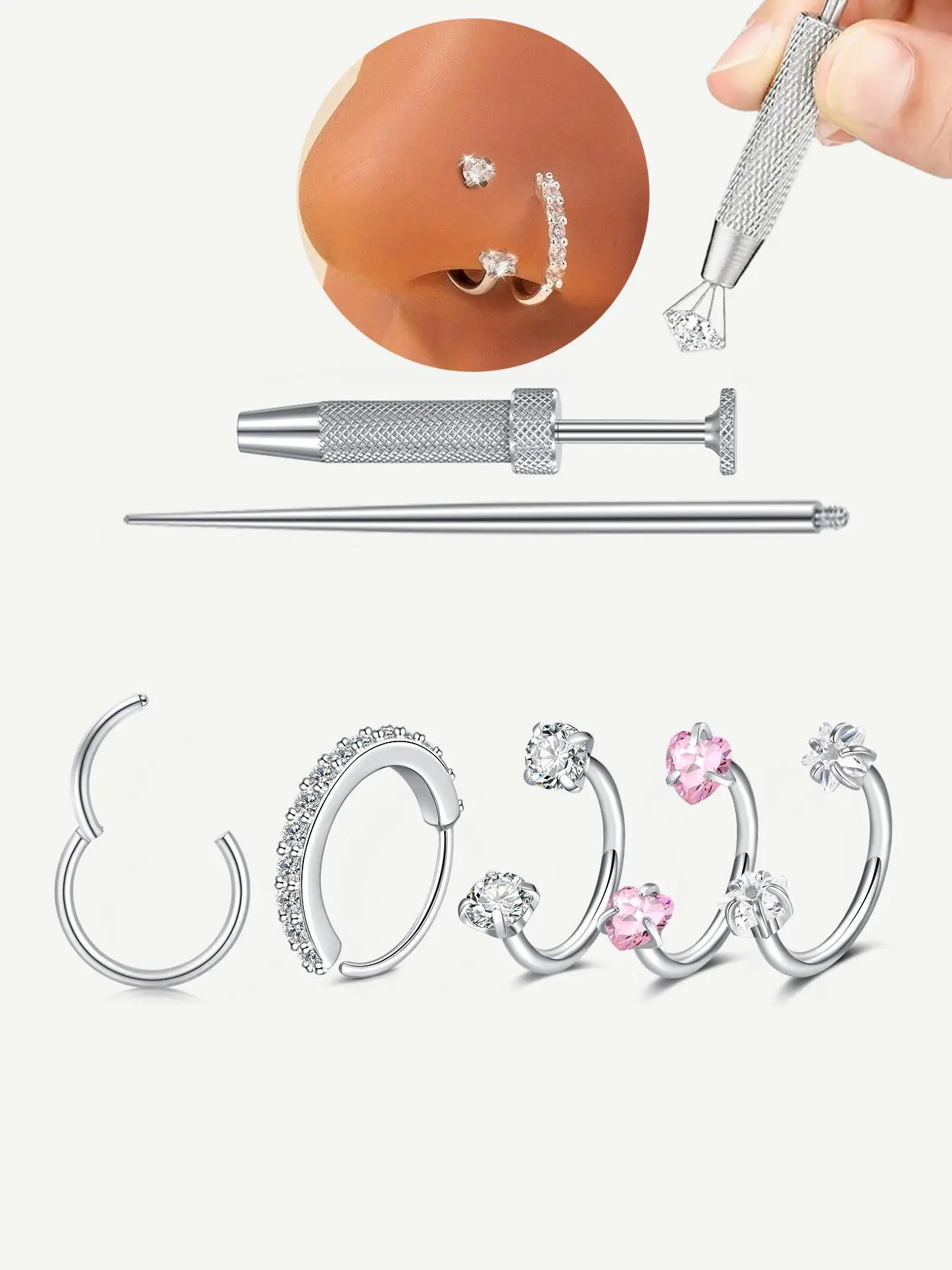 Stainless Steel CZ Nose Ring, Spiral Nose Ring, Horseshoe Shape, 8mm Internal Threaded Piercing Jewelry, Unisex Body Jewellery
