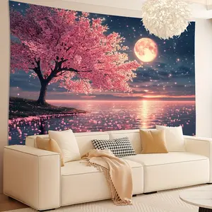 1pc Cherry Blossom Tree Tapestry Starry Sky Pattern Falling Under the Night Sky Living Room Bedroom Office Home Room Party Decoration Live Streaming Background Cloth