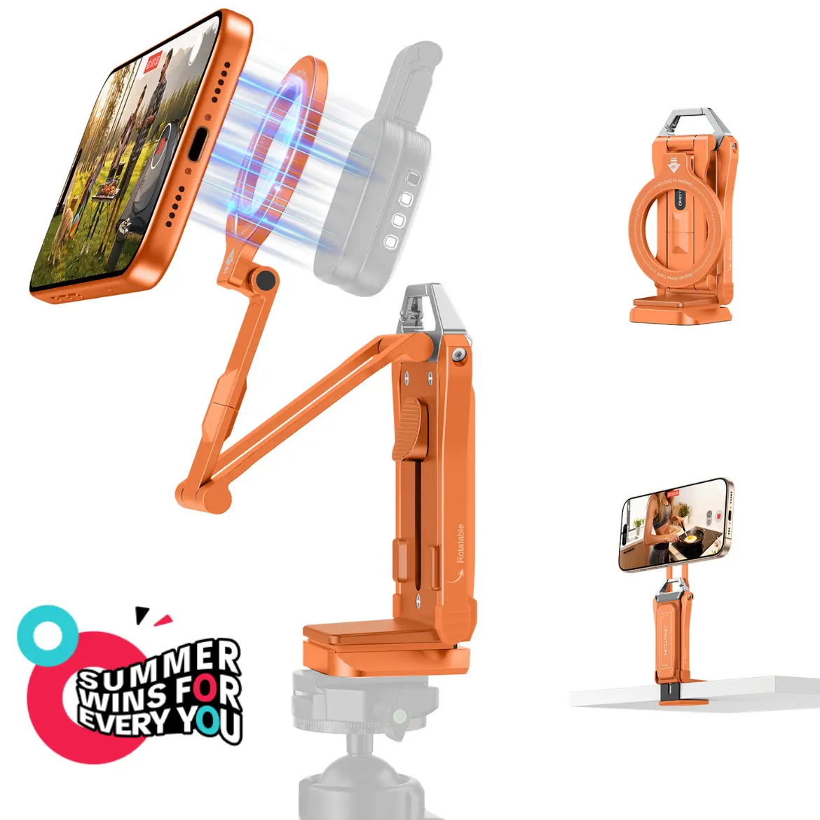 OMOTON TP02 Pro Adjustable Aluminium Magnetic Phone Stand - Foldable Mini Tripod Attachment, 360 Rotating Camera Holder, Selfie Stick with 1/4" Screw, Arca-Swiss Mount for Vloggers, Magnetic Phone Mount for iPhone & Samsung, 360 Rotating Phone Holders & M