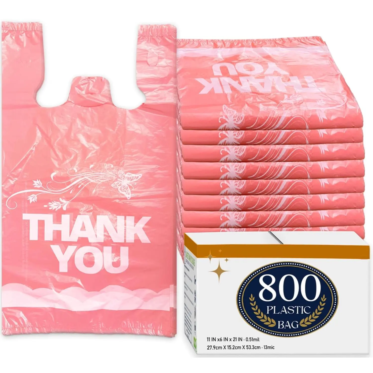 800PACK Pink Thank you bags, T shirt bags, Pink Plastic Bags with Handles, retail shopping bags, carry bags Merchandise Bags and Disposable Supermarket Bags 11''x6''x21''(Pink)