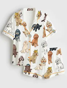 Women’s Cockapoo Dog Lover Print Short Sleeve Silk Satin Pajama Set Soft Sleepwear