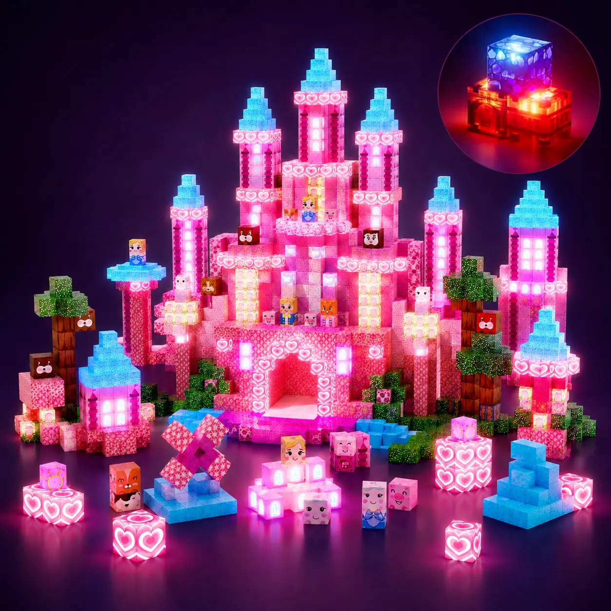 Glow in The Dark Magnetic Tiles, Creative Magnetic Blocks 100/150 PCS, Light Up Pink Castle Building Set for Girls, 3D Space Logic Stacking STEM Montessori Sensory Toys, Sensory Training Safe Toddler Toys for 3+ Year Old Kids Christmas Birthday Gift