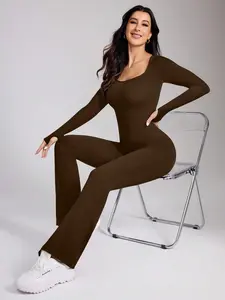 Women's Solid Flare Leg Sports Jumpsuit, Casual Comfy Athleisure Style Thumb Hole Long Sleeve Jumpsuit for Daily Wear, Ladies Sportswear for All Seasons, Workout Jumpsuit, Sporty Jumpsuit, Solid Color Jumpsuit, Stretch Jumpsuit, Tight Fitting Jumpsuit