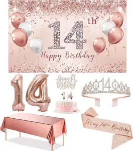 14th Birthday Decorations Party Set for Girls Rose Gold 14 Birthday Banner Tablecloth Sash Tiara Cake Topper Balloons Gifts Metal