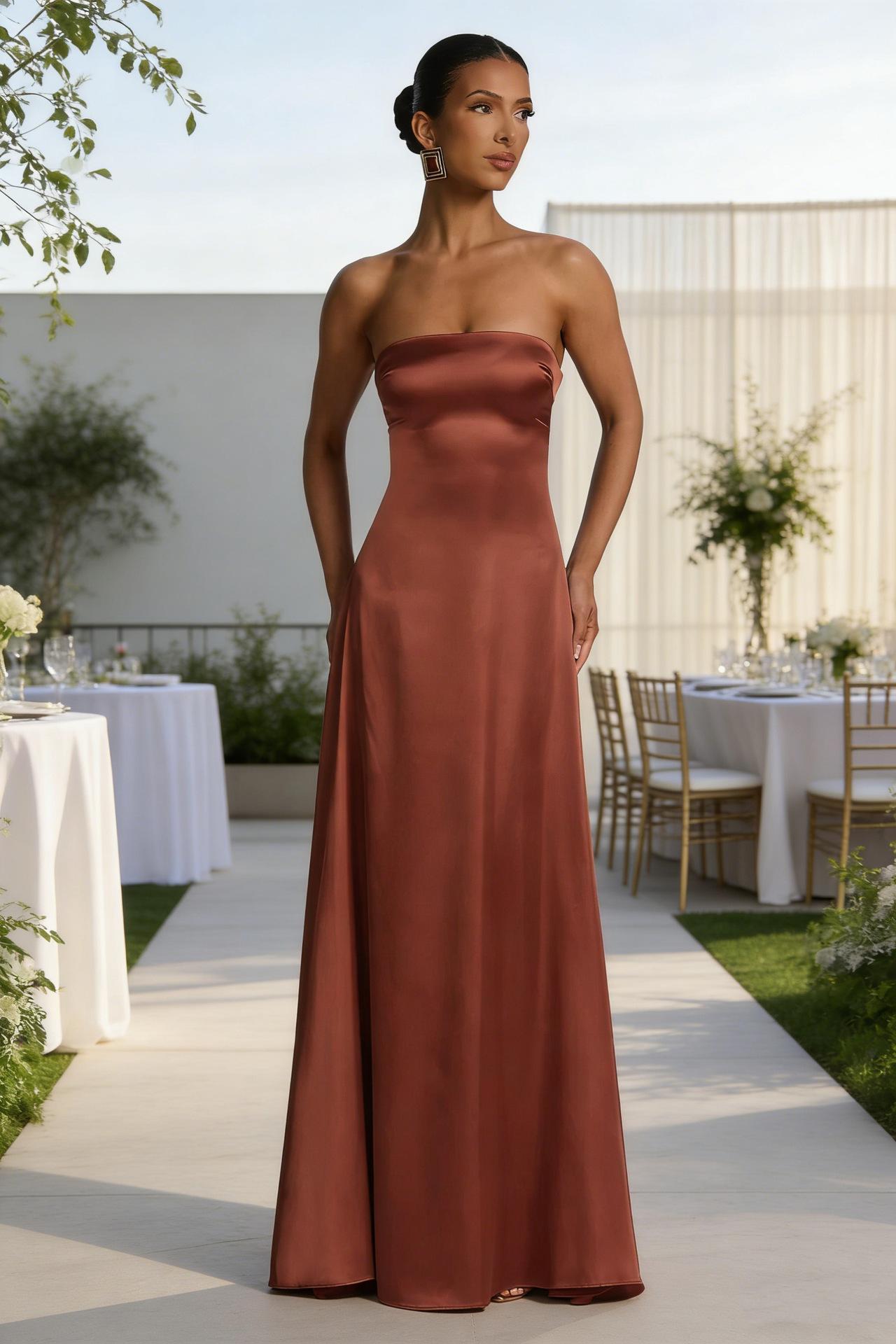 Womens Backless Tube-Top Waist-Cinching Evening Gown Long Dress