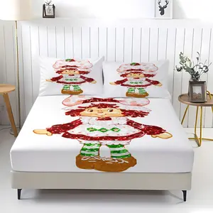 Strawberry Shortcake Fitted Sheet, Decorative Bedsheet Sets, Colorfast, Including 1 Bed Sheet and 2 Pillowcases, Anti Slip Dust Cover Suitable for Children, Teenagers Bedrooms and Guest Rooms