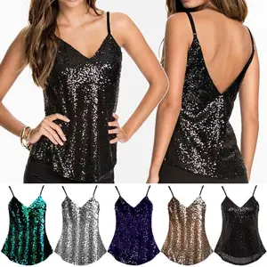 Sexy Backless Sling Camisole Tops Shiny Sequins Tank Top Vest Blouses Women Xmas Club Party Tops Streetwear Jazz Dance Clothes