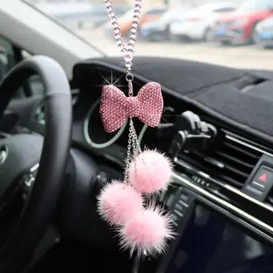 Shiny Car Rearview Mirror Hanging Accessories, Crystal Rhinestone Bowknot, Diamond Plush Ball, Universal Interior Decor