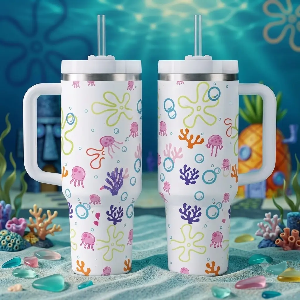 40oz/20oz Insulated Mug, Vacuum Insulated Drinkware, Bikini Bottom Inspired Thermal Cup, Ocean Jellyfish Coral Print, Double Wall Vacuum Cup, Leak Proof, Handle And Straw Lid, Keeps Hot 12H Cold 24H, Large Capacity Travel Tumbler, Gift For Women & Men