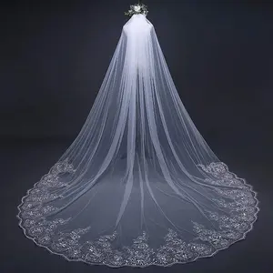 Marry Bridal US Flowery Wedding Veil Lace Trim Bridal Veil Embroidered Lace Veil Cathedral/Chapel Length Transparent Sequin Veil,custom veil