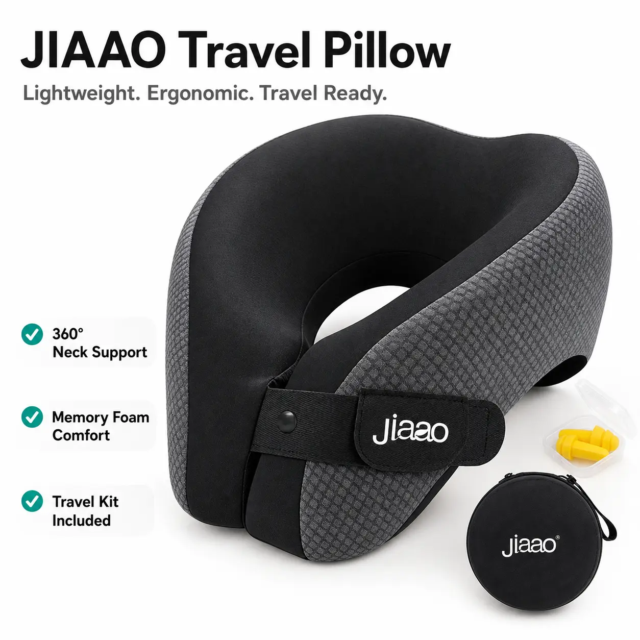 JIAAO Lightweight Ergonomic Travel Pillow for Airplane, Deep Sleep Neck Pillow with 3D Eye Mask & Earplugs, Compact Comfy Travel Pillow for Long Flights