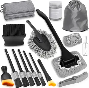 【FathersDayGift】Windshield Cleaner Tool, 18Pcs Car Interior Detailing Brush Set, Inside Windshield Cleaning Kit with 200g Cleaning Gel, Duster Brush, 2 Microfiber Pads, Car Detailing Supplies (Gray)