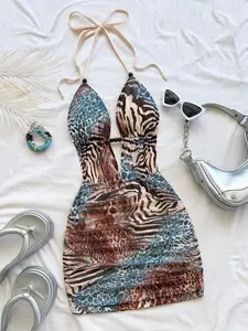 Women's Tight Mini Sleeveless Summer Dress, Womenswear Vintage Tie-Dye Leopard & Zebra Print, Deep V Neck, Belted Waist, Perfect for Parties, Dates, Beach Holidays