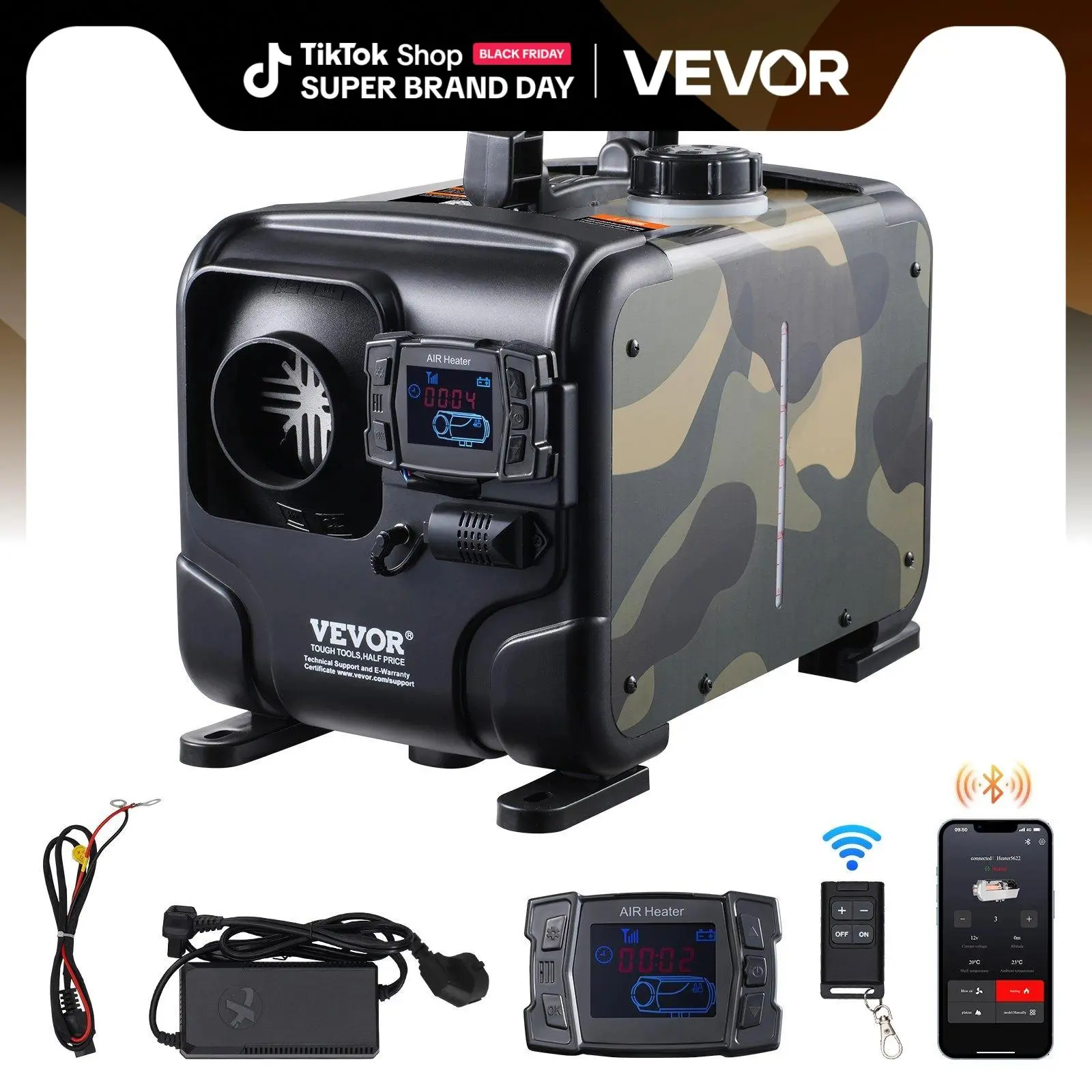 【summerfinds】VEVOR 8KW Diesel Air Heater, Upgraded 110V Adapter & CO Alarm, 12-24V All in One Diesel Air Heater, with Bluetooth APP/Remote Control and Display Screen, Fast Heating Portable Diesel Heater for Vehicles and Outdoors,DEALS FOR YOU