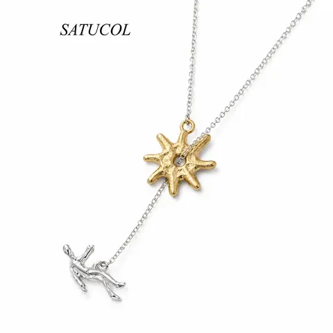 Kinetic Icarus Falling Necklace  Two-Tone Sun & Movable Man Y-Choker  Greek Mythology Fidget Jewelry Gift for Him & Her